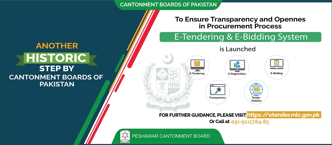 1.	Another Historic Step By Cantonment Boards of Pakistan Introducing E-Tendering & E-Bidding System. Contractors/ Interested Bidders can Signup and Bid for the Tenders online. For further details, Please Visit https://etender.mlc.gov.pk/